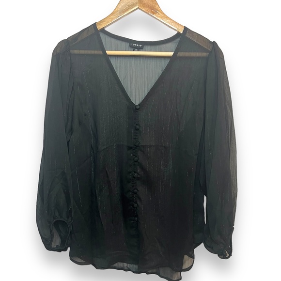 Torrid Black Chiffon Lurex Button-Up Blouse with Silver Metallic Size 00 Medium - Picture 10 of 11